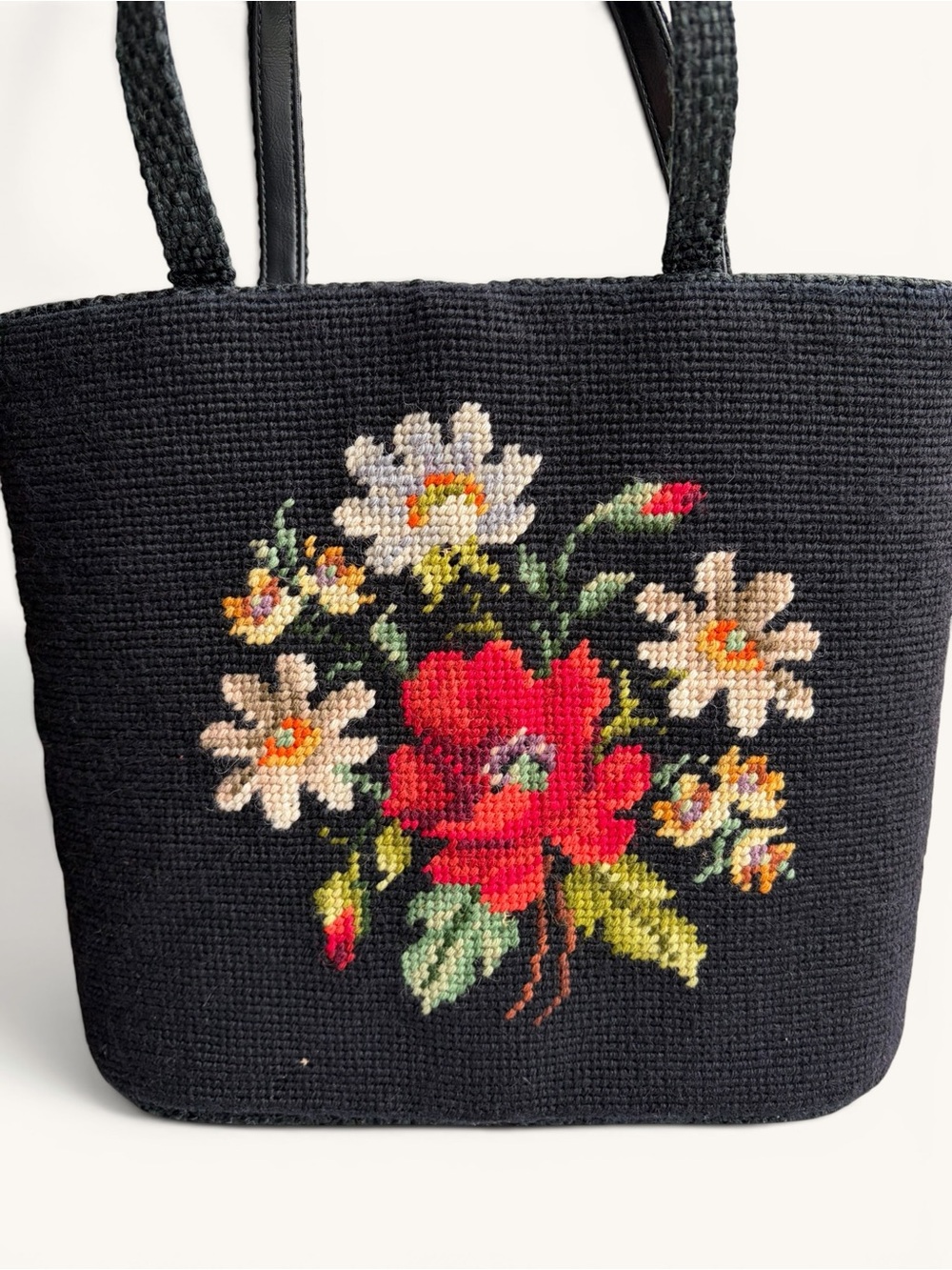 Vintage Black Needlepoint Tote with Red Floral Accent - Picture 7 of 16
